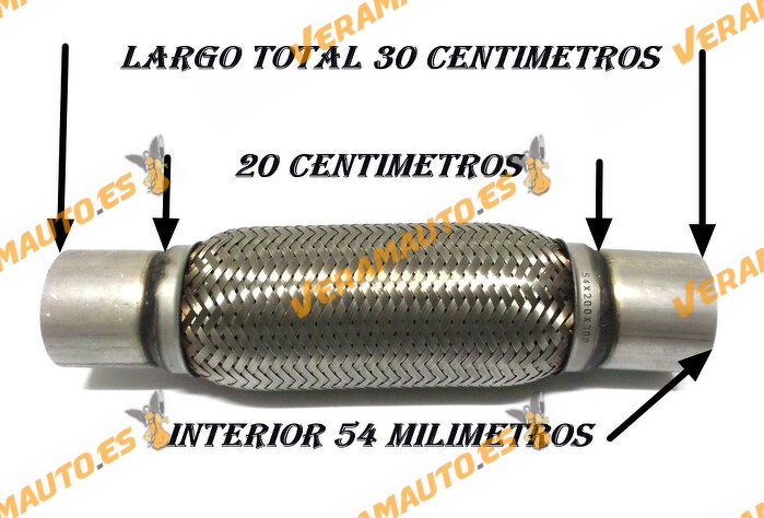 Tubo de malla flexible de 54 mm de interior y 20 cm de largo con extensión, de acero inoxidable reforzado