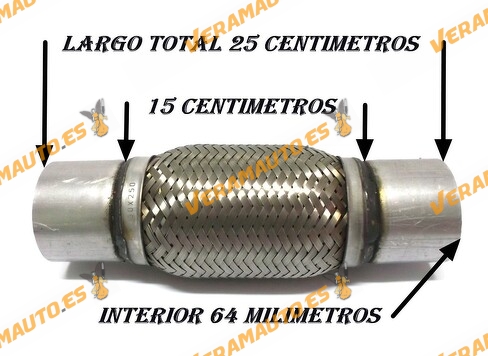 TUBO MALLA FLEXIBLE ESCAPE DE 64 MM DE INTERIOR Y LARGO 15 CENTIMETROS CON EXTENSION ACERO INOXIDABLE REFORZADO ADAPTABLE