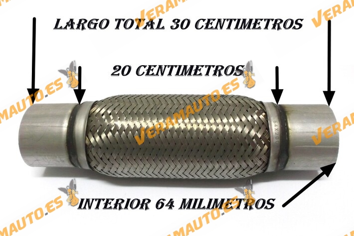 Tubo de Malla Flexible de 64 mm de Interior y 20 cm de Largo con Extensión de Acero Inoxidable Reforzado de Alta Calidad