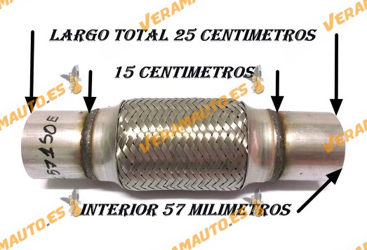 TUBO MALLA FLEXIBLE ESCAPE DE 57 MM DE INTERIOR Y LARGO 15 CENTIMETROS CON EXTENSION ACERO INOXIDABLE REFORZADO ADAPTABLE