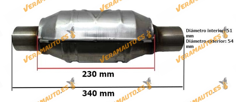 Catalizador universal adaptable redondo modelos gasolina con protección calorífica 51 mm diámetro interior Norma Euro IV