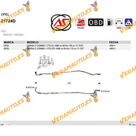 Catalizador Especifico Opel Corsa C | Combo 1.7 Td Di | Dti | 1686cc | Y1.7dtl | Y1.7dt | OEM Similar a 5852163 | 5852594