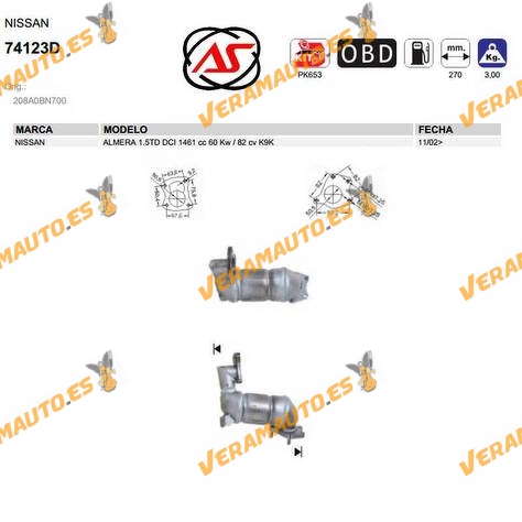 Catalizador Específico Nissan Almera 1.5TD | DCI | 1461 cc | 60 Kw | 82 cv | K9K | OEM Similar a 208A0BN700