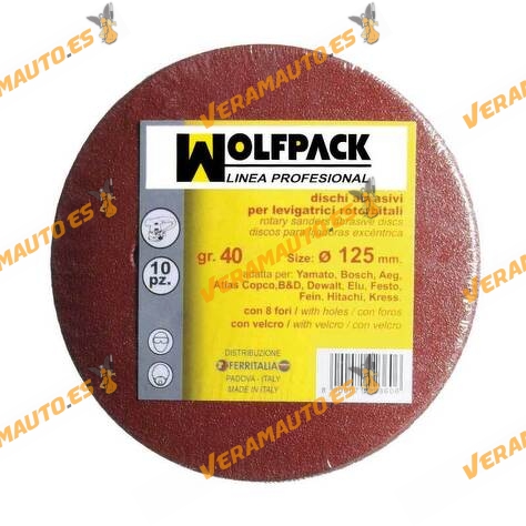 Discos de Lija con soporte de Velcro de 125 mm de diámetro WOLFPACK con Agujeros | Grano 40 | 10 Piezas | Lijadoras Circulares