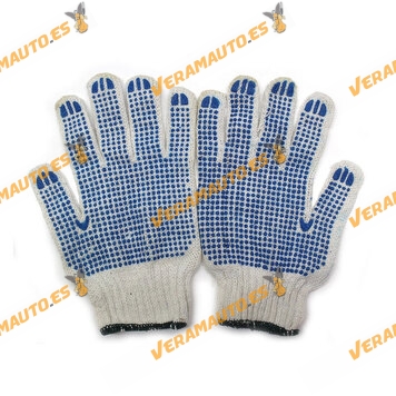 Woven gloves made of cotton and polyester, recovered with PVC points on one front.