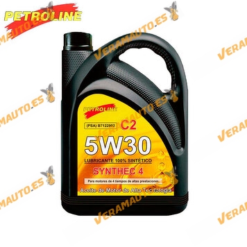 Aceite Motor Petroline 5W30 Synthec 4 C2 | PSA B71 22902 | Long Life | Low Saps | 5 Litros