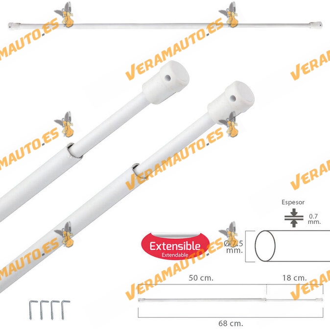 Barra Visillo Extensible Con Soporte | Sin Muelle | Con Soporte y Ventosas | Medida 50 / 68 cm| 2 Unidad