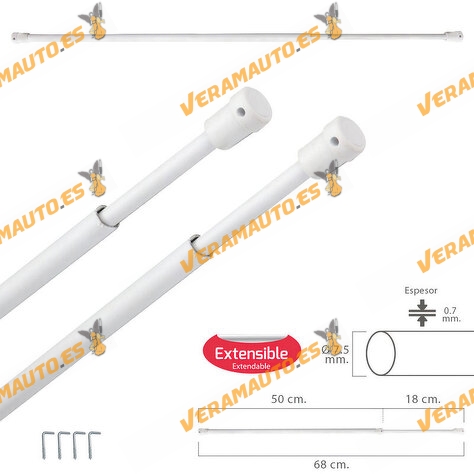 Barra Visillo Extensible Con Soporte | Sin Muelle | Con Soporte y Ventosas | Medida 50 / 68 cm| 2 Unidad