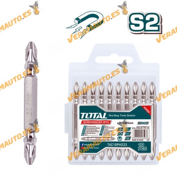 Set of 10 double bits PH2 PH2 65 mm. Made of S2 steel. Magnetic tip.